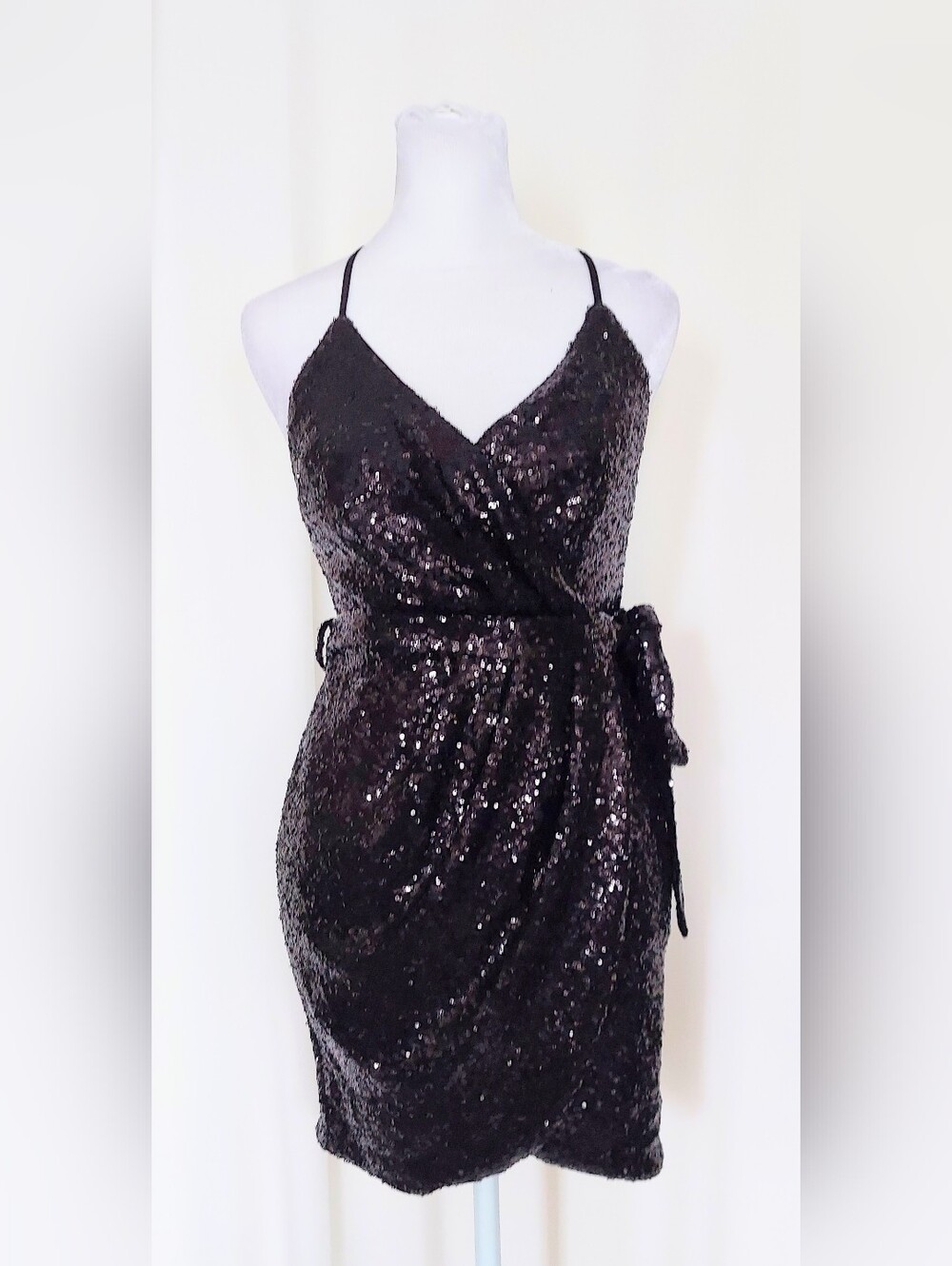 Hello Molly Black Sequin Faux Wrap Mini Cocktail Dress Size Small Adjustable